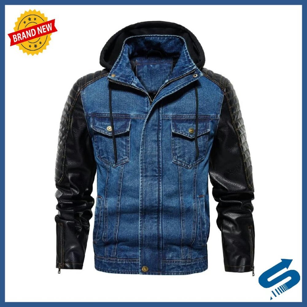 Men's Denim Jacket with Leather Patchwork Sleeves and Hood